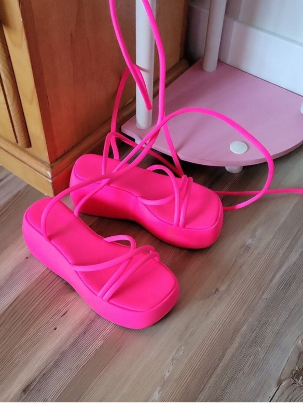 Dolls Kill Neon Pink Platform Strappy Lace-up Sandals Size 7